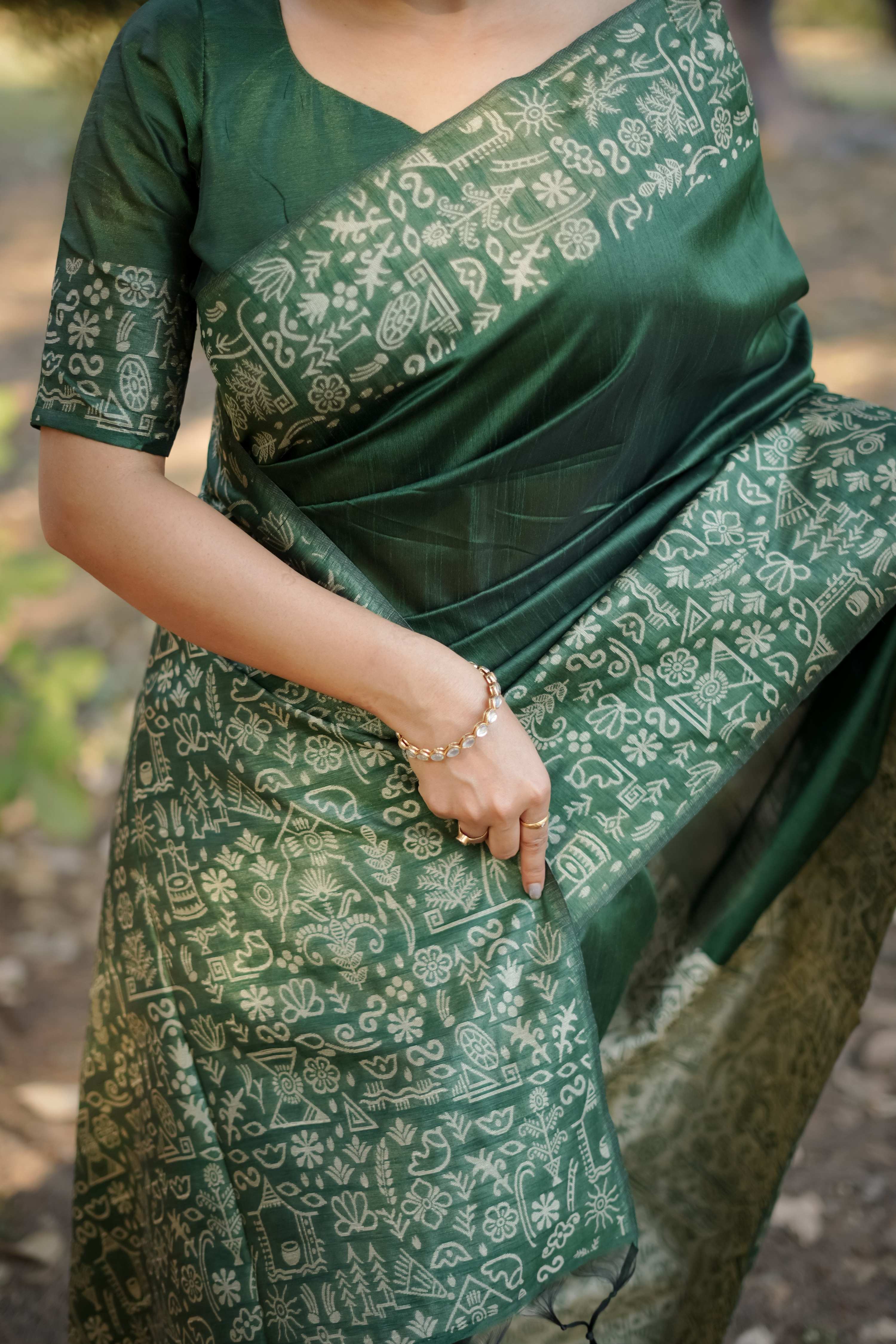 Jyoti Fashion Women's Bottle Green Handloom Raw Silk Weaving Designer Saree with Blouse