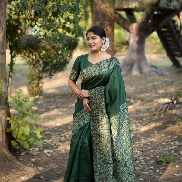 Jyoti Fashion Women's Bottle Green Handloom Raw Silk Weaving Designer Saree with Blouse - Distacart
