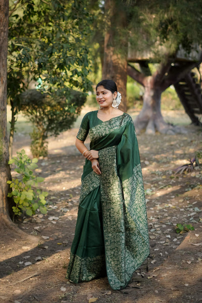 Jyoti Fashion Women's Bottle Green Handloom Raw Silk Weaving Designer Saree with Blouse