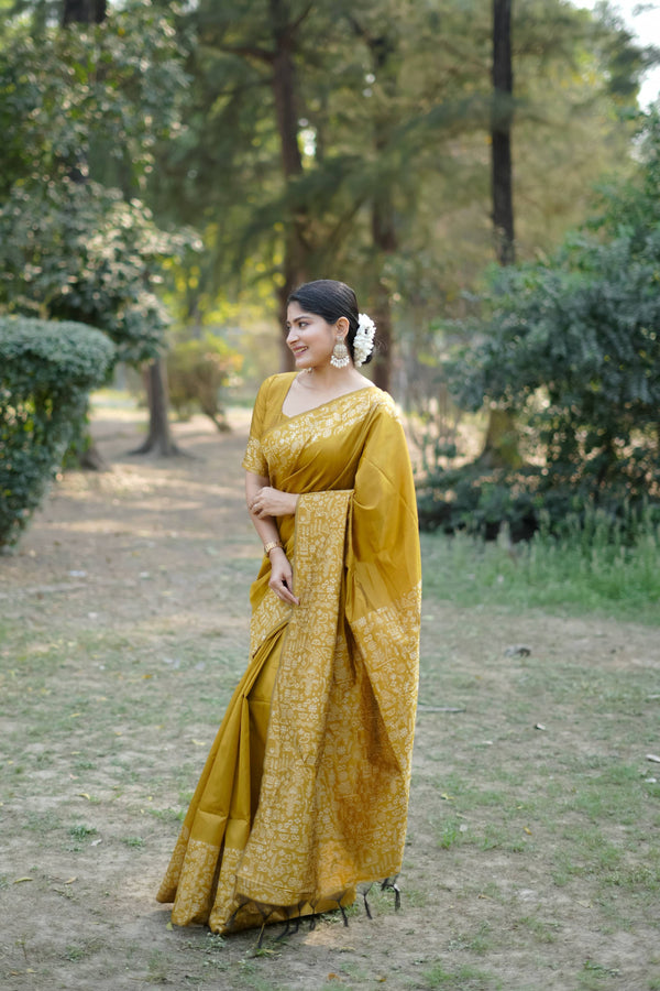 Jyoti Fashion Women's Mustard Handloom Raw Silk Weaving Designer Saree with Blouse