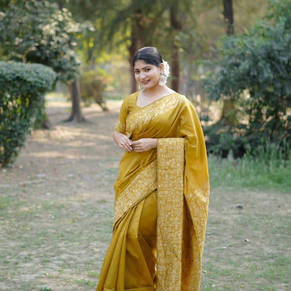 Jyoti Fashion Women's Mustard Handloom Raw Silk Weaving Designer Saree with Blouse - Distacart