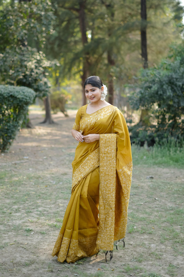 Jyoti Fashion Women's Mustard Handloom Raw Silk Weaving Designer Saree with Blouse