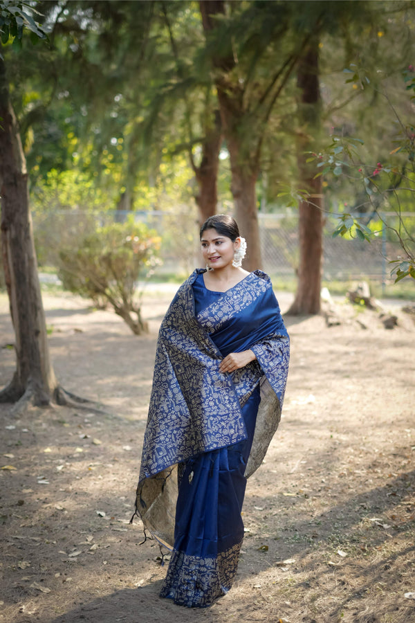 Jyoti Fashion Women's Blue Handloom Raw Silk Weaving Designer Saree with Blouse