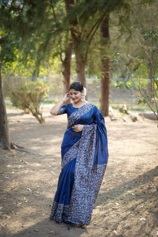 Jyoti Fashion Women's Blue Handloom Raw Silk Weaving Designer Saree with Blouse