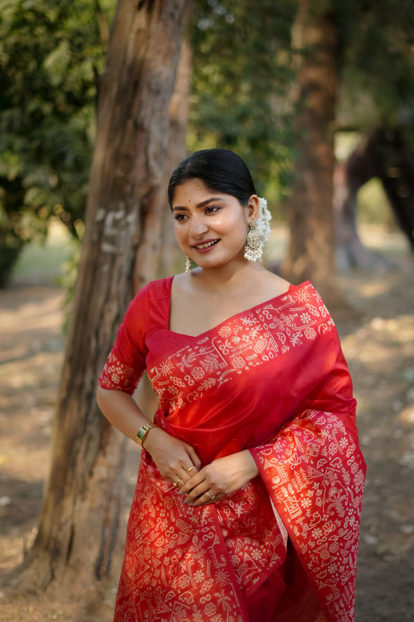 Jyoti Fashion Women's Red Handloom Raw Silk Weaving Designer Saree with Blouse