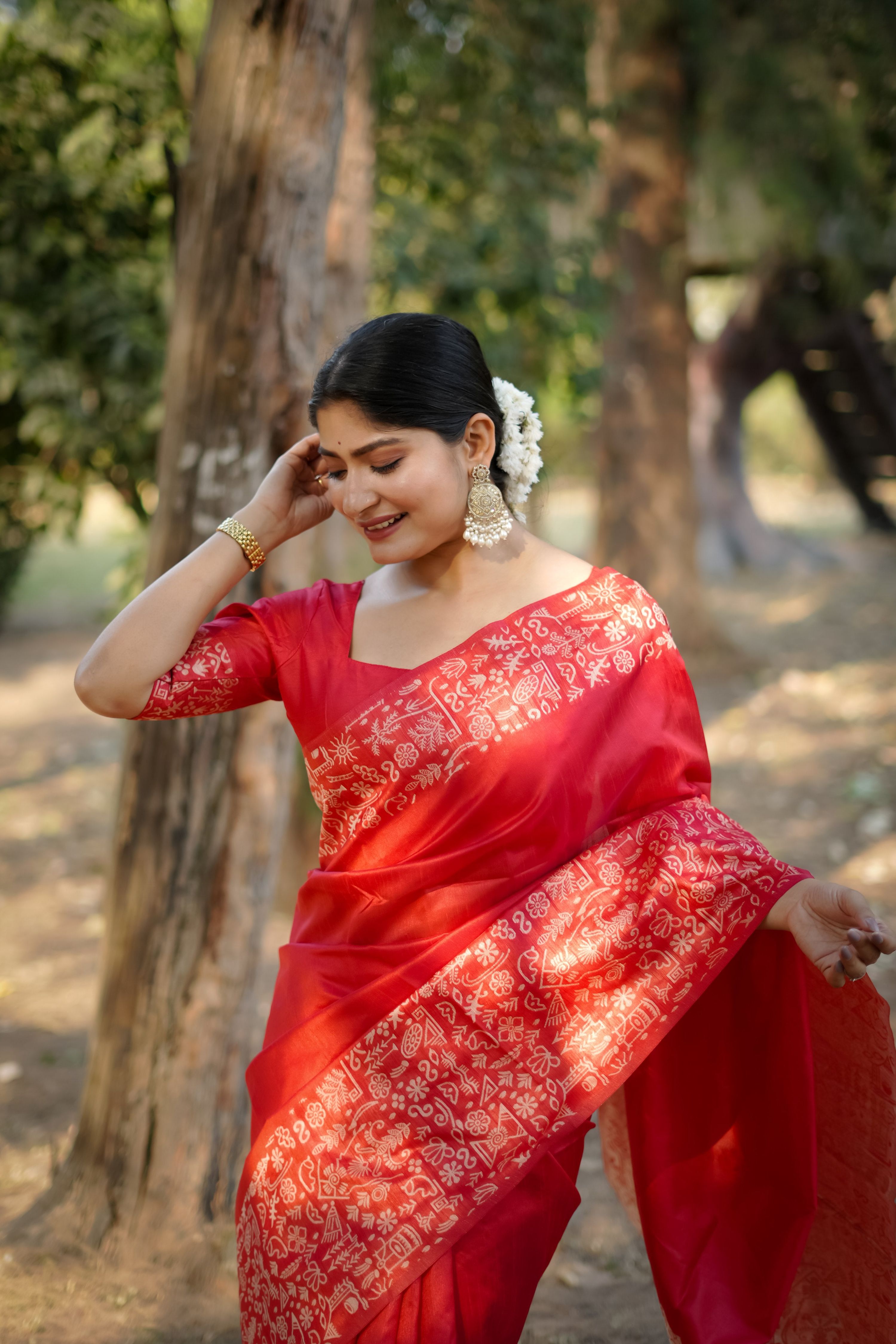 Jyoti Fashion Women's Red Handloom Raw Silk Weaving Designer Saree with Blouse