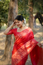 Thumbnail for Jyoti Fashion Women's Red Handloom Raw Silk Weaving Designer Saree with Blouse