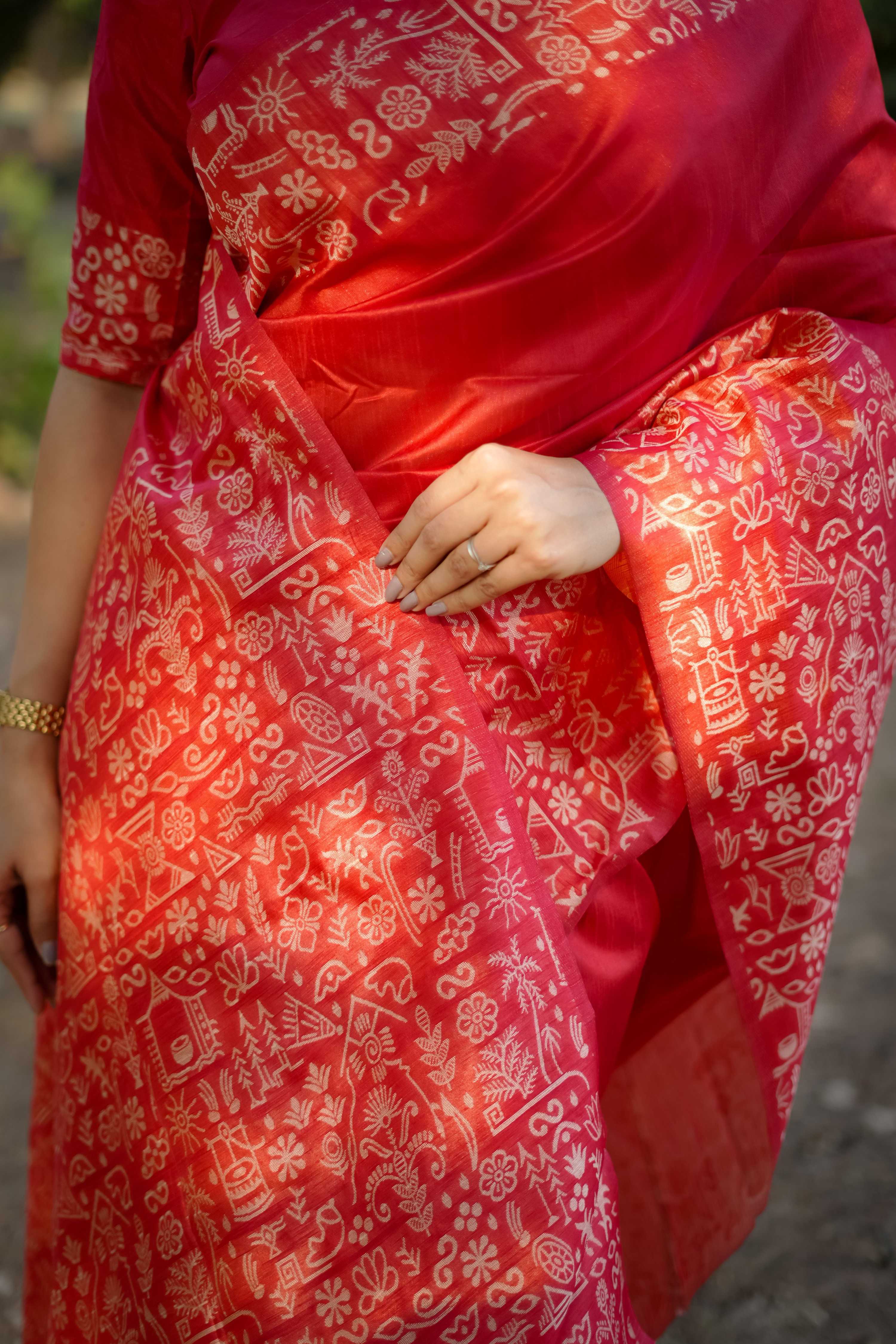 Jyoti Fashion Women's Red Handloom Raw Silk Weaving Designer Saree with Blouse