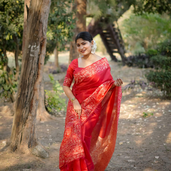 Jyoti Fashion Women's Red Handloom Raw Silk Weaving Designer Saree with Blouse - Distacart