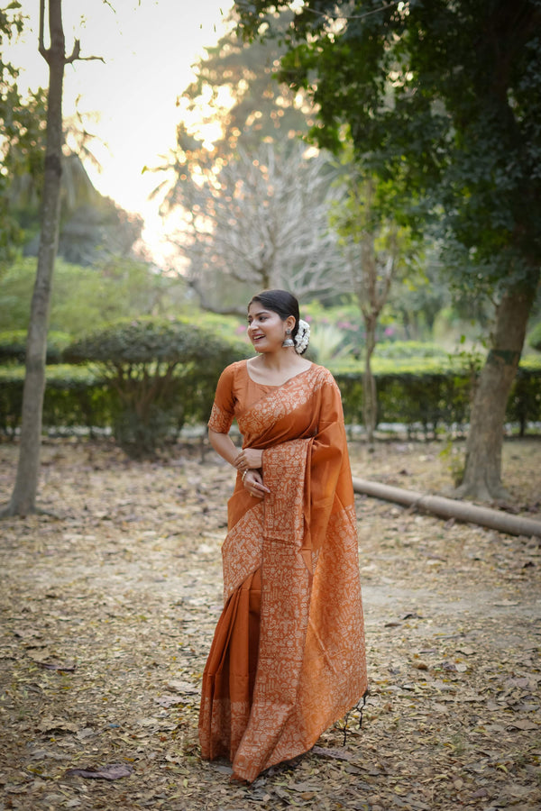 Jyoti Fashion Women's Orange Handloom Raw Silk Weaving Designer Saree with Blouse