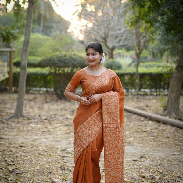 Jyoti Fashion Women's Orange Handloom Raw Silk Weaving Designer Saree with Blouse - Distacart