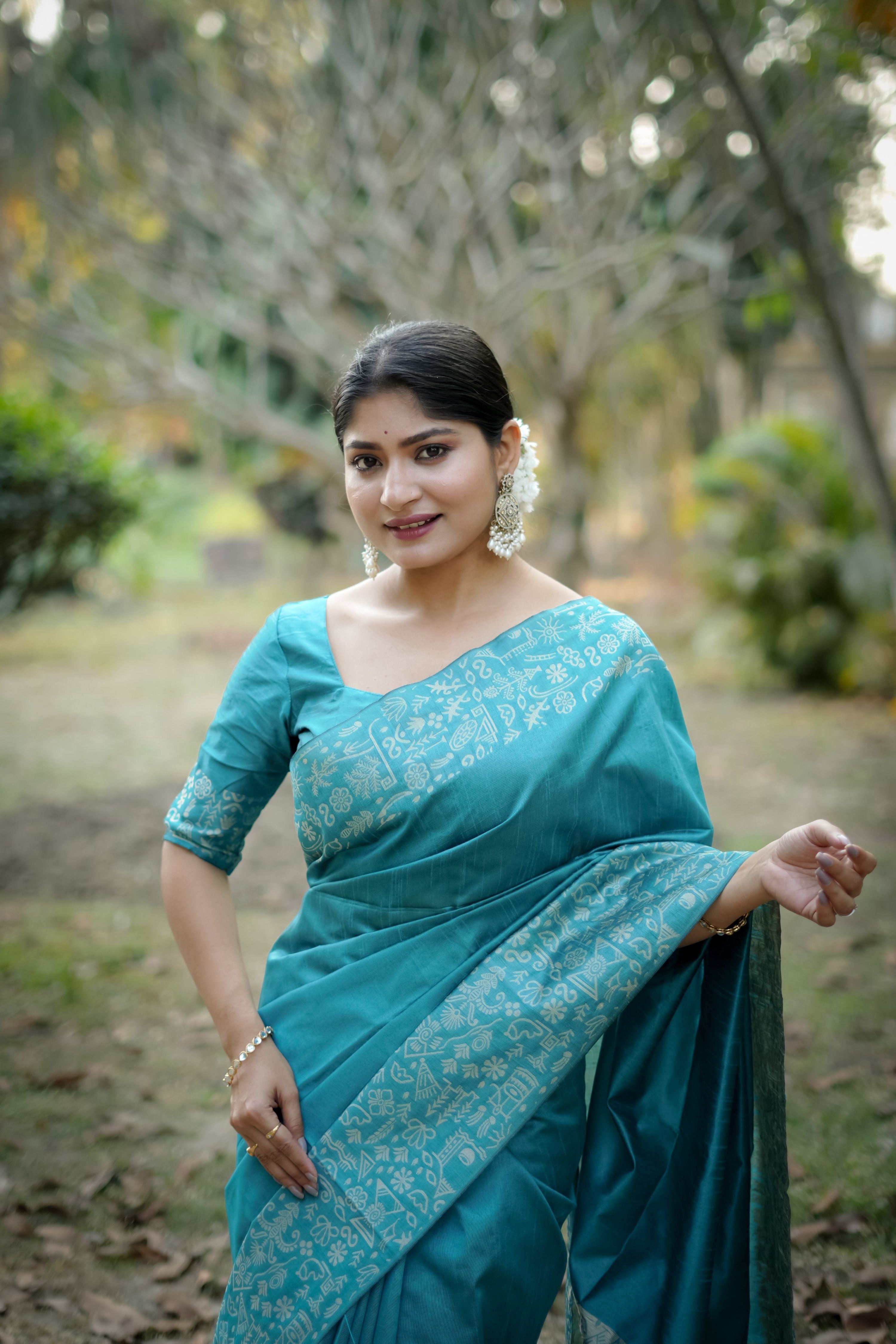 Jyoti Fashion Women's Firozi Handloom Raw Silk Weaving Designer Saree with Blouse