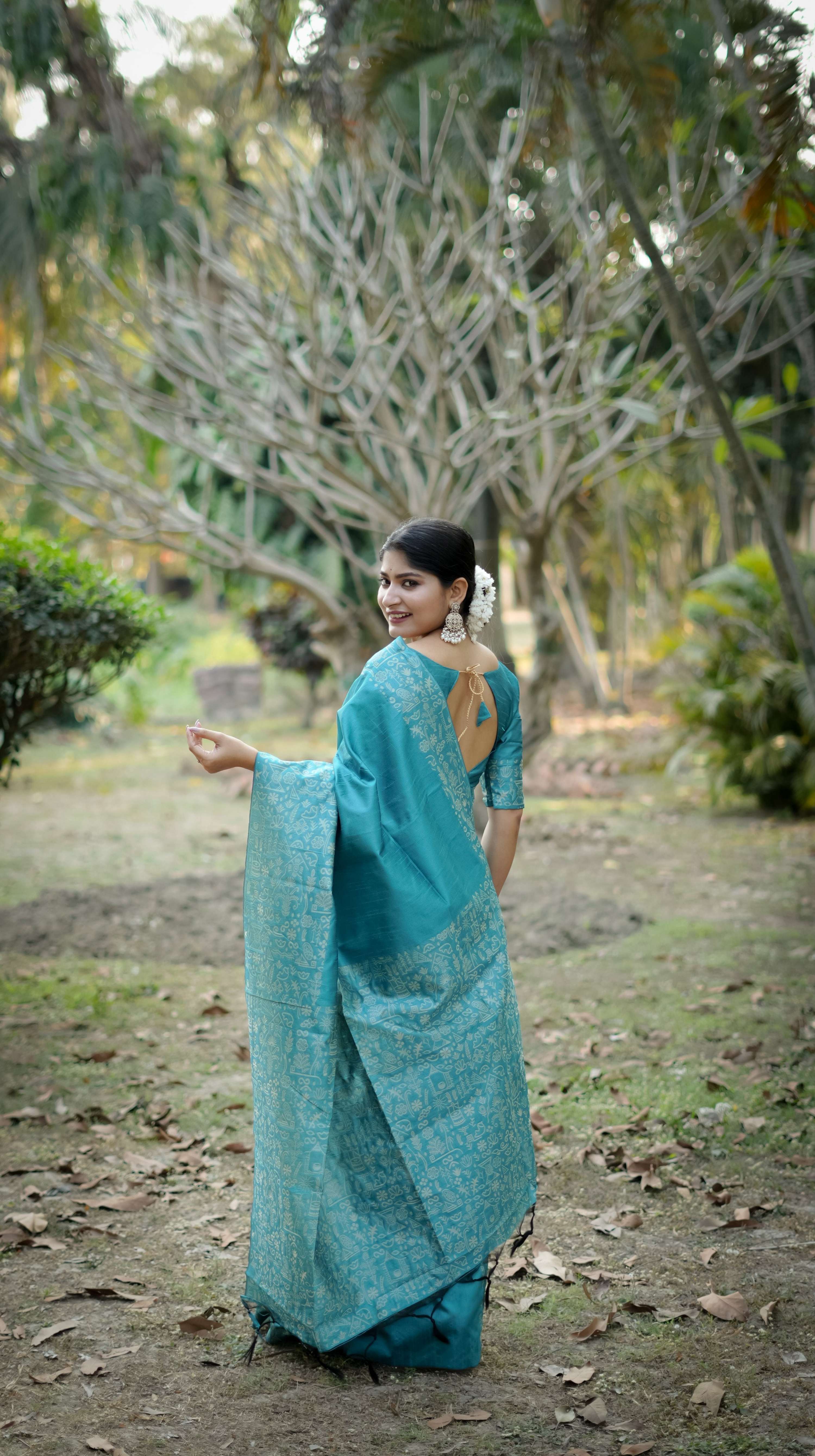 Jyoti Fashion Women's Firozi Handloom Raw Silk Weaving Designer Saree with Blouse