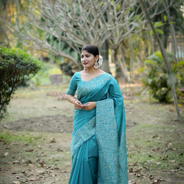Jyoti Fashion Women's Firozi Handloom Raw Silk Weaving Designer Saree with Blouse - Distacart