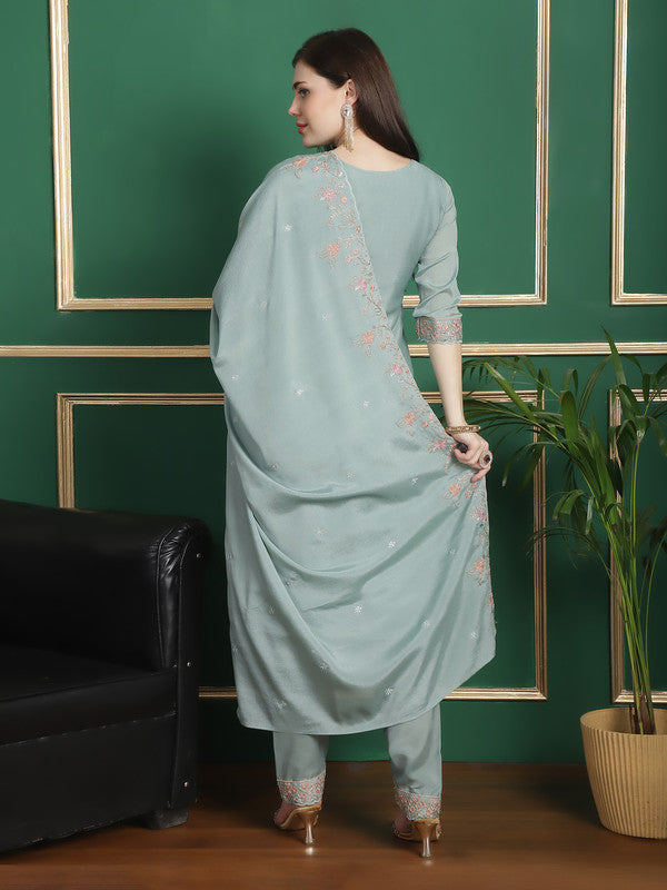 Jyoti Fashion Women's Turquoise Chinon Chiffon Floral Embroidery with Cording & Crystal Work Designer Straight Suit Set - Distacart