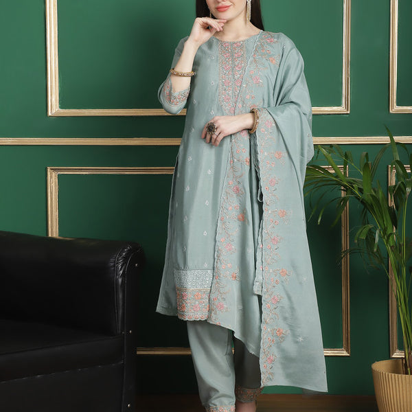 Jyoti Fashion Women's Turquoise Chinon Chiffon Floral Embroidery with Cording & Crystal Work Designer Straight Suit Set - Distacart