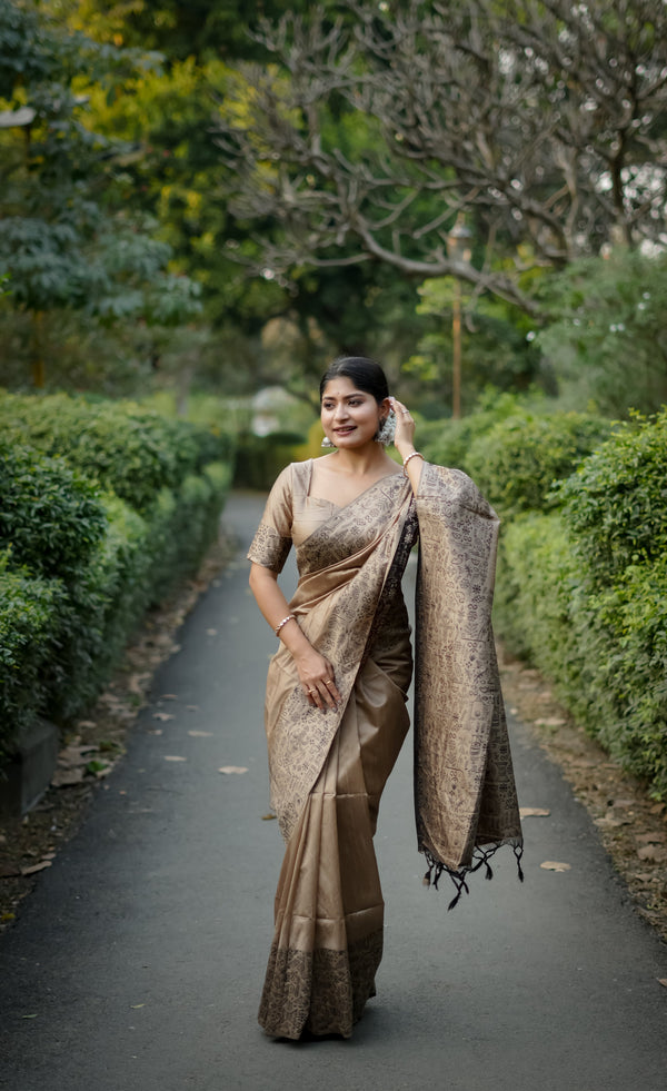 Jyoti Fashion Women's Beige Handloom Raw Silk Weaving Designer Saree with Blouse