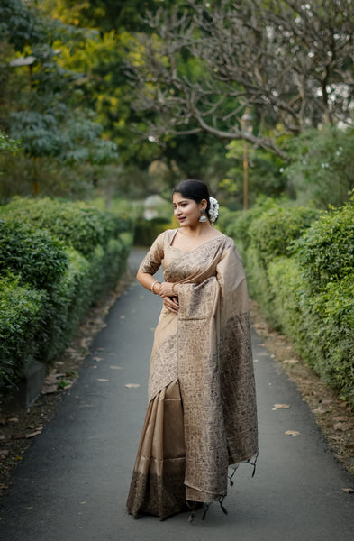 Jyoti Fashion Women's Beige Handloom Raw Silk Weaving Designer Saree with Blouse