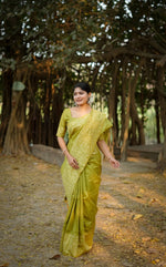 Thumbnail for Jyoti Fashion Women's Mehendi Handloom Raw Silk Weaving Designer Saree with Blouse