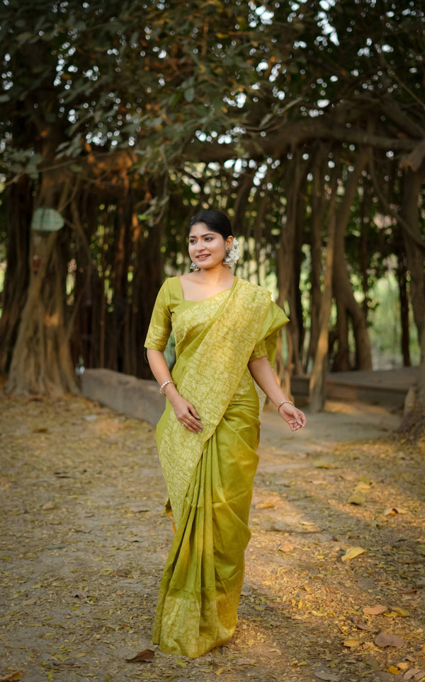 Jyoti Fashion Women's Mehendi Handloom Raw Silk Weaving Designer Saree with Blouse