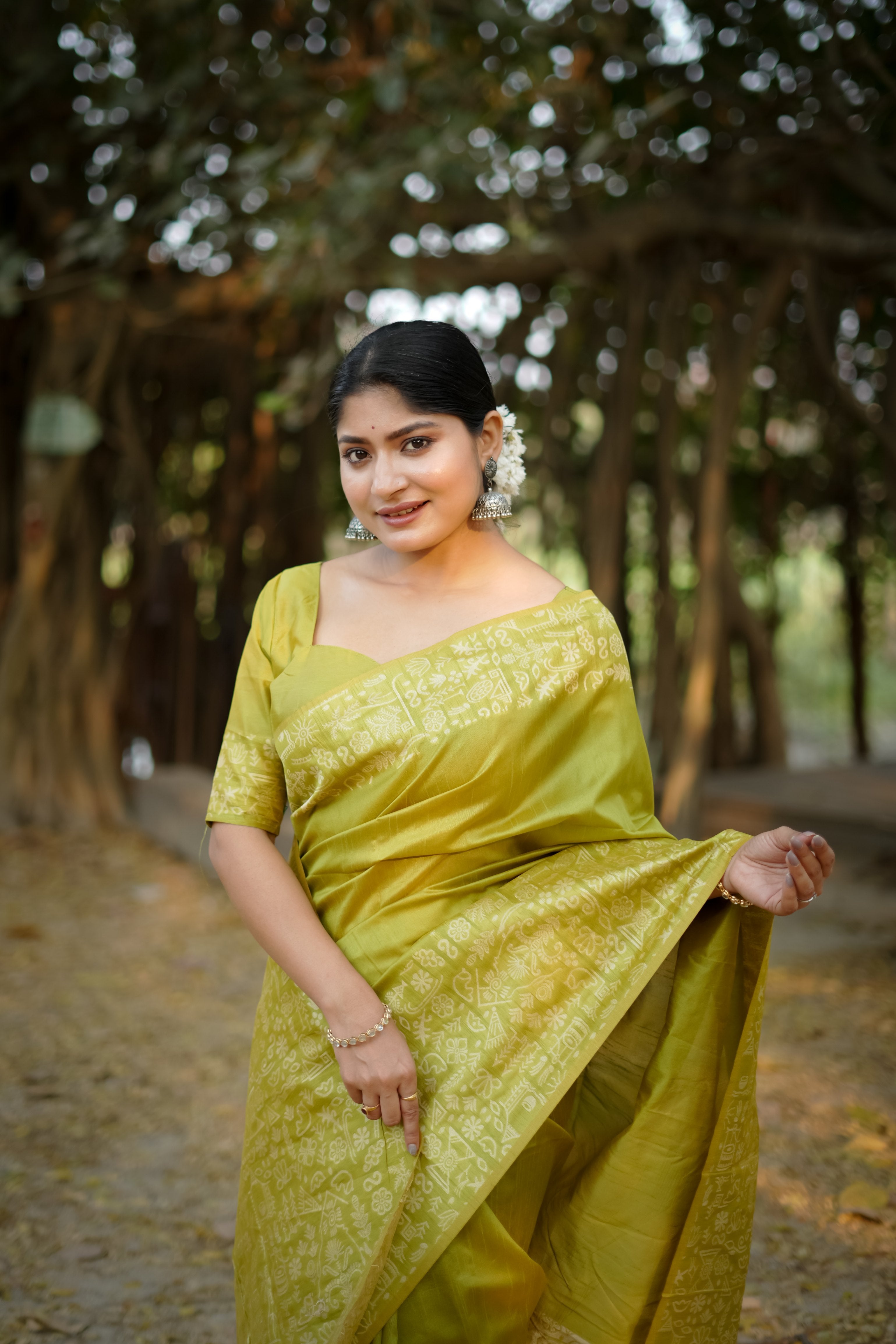 Jyoti Fashion Women's Mehendi Handloom Raw Silk Weaving Designer Saree with Blouse