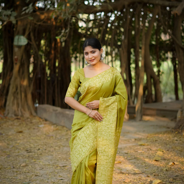 Jyoti Fashion Women's Mehendi Handloom Raw Silk Weaving Designer Saree with Blouse - Distacart