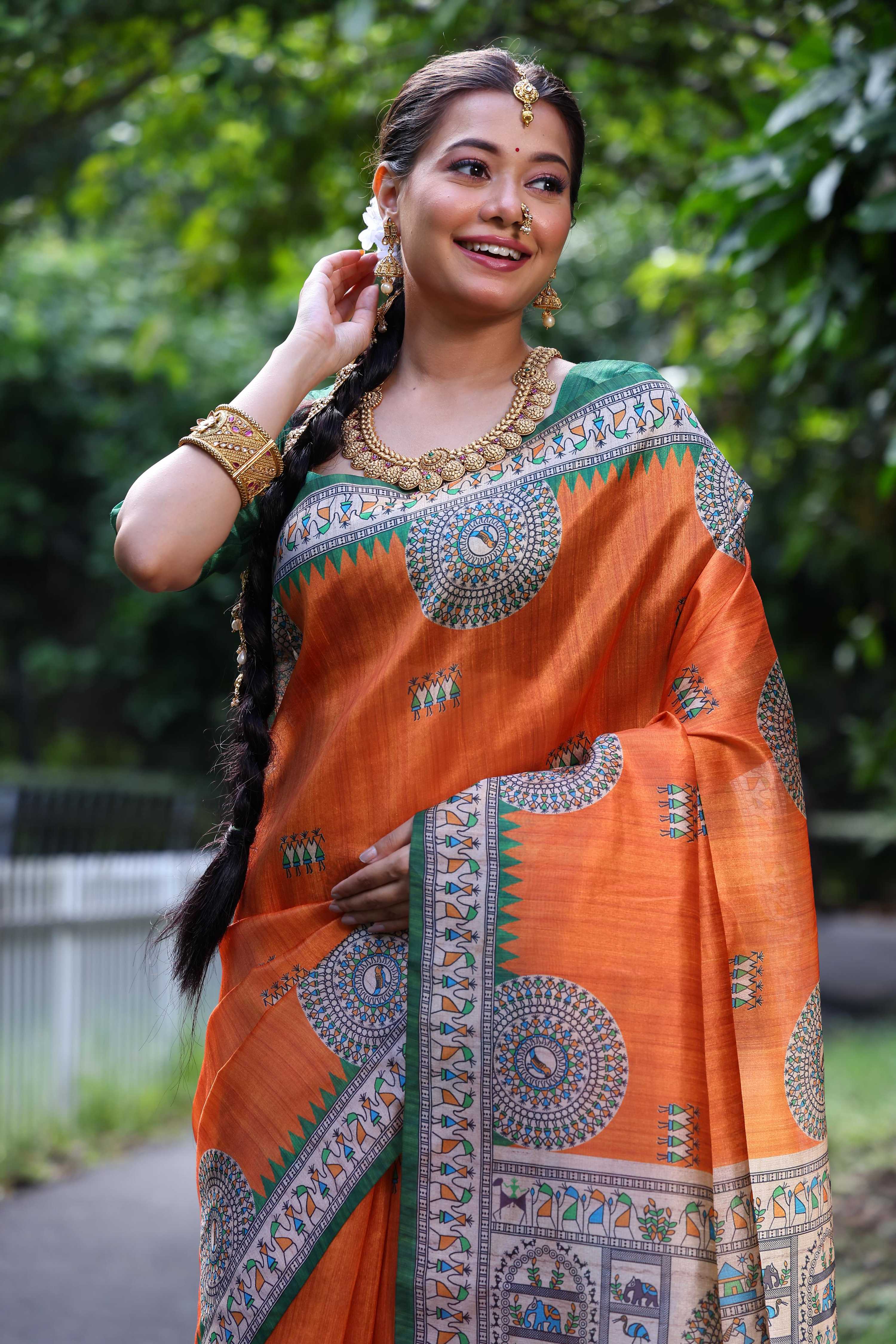 Jyoti Fashion Women's Orange Soft Tussar Silk Printed Designer Saree with Blouse
