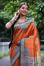 Thumbnail for Jyoti Fashion Women's Orange Soft Tussar Silk Printed Designer Saree with Blouse