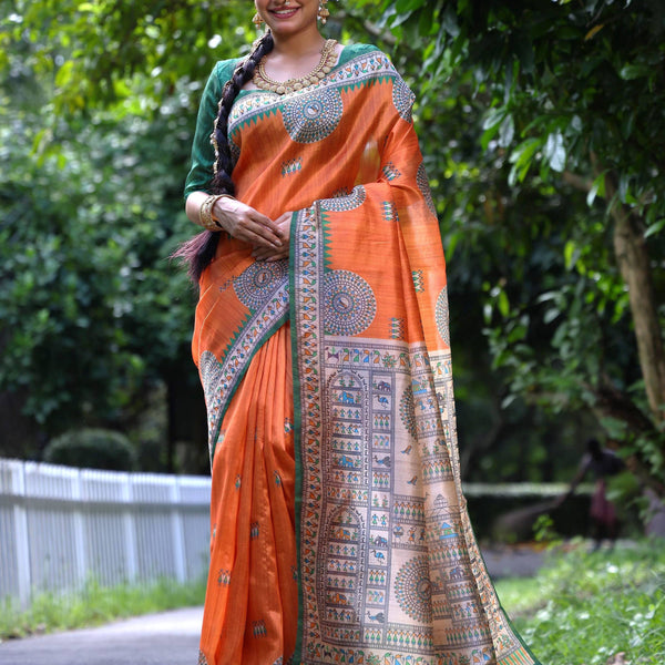 Jyoti Fashion Women's Orange Soft Tussar Silk Printed Designer Saree with Blouse - Distacart