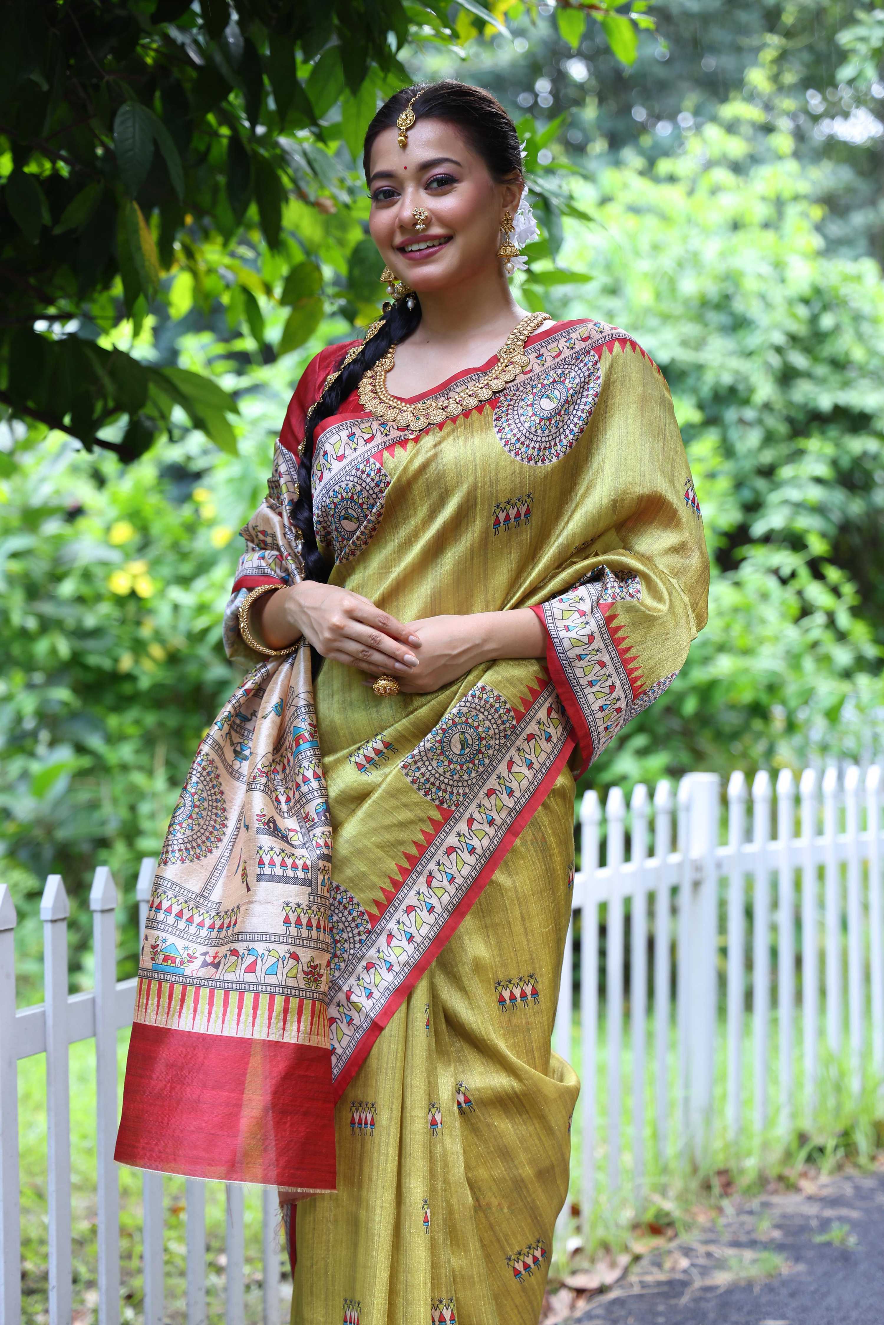 Jyoti Fashion Women's Green Soft Tussar Silk Printed Designer Saree with Blouse