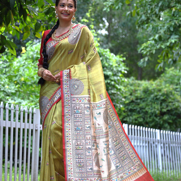 Jyoti Fashion Women's Green Soft Tussar Silk Printed Designer Saree with Blouse - Distacart