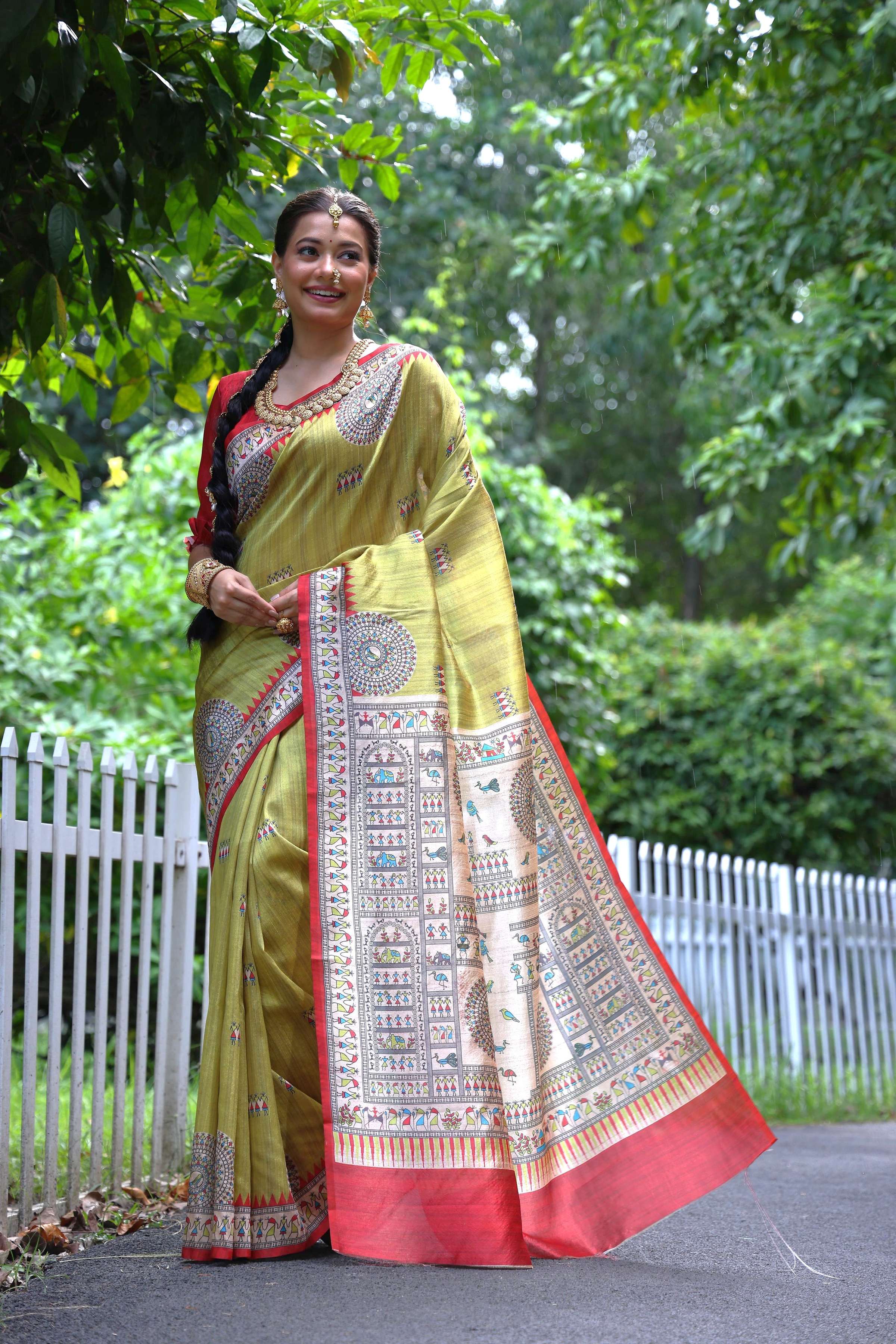 Jyoti Fashion Women's Green Soft Tussar Silk Printed Designer Saree with Blouse - Distacart