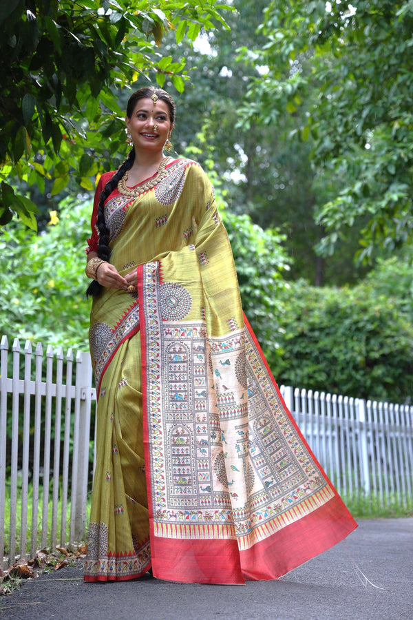 Jyoti Fashion Women's Green Soft Tussar Silk Printed Designer Saree with Blouse