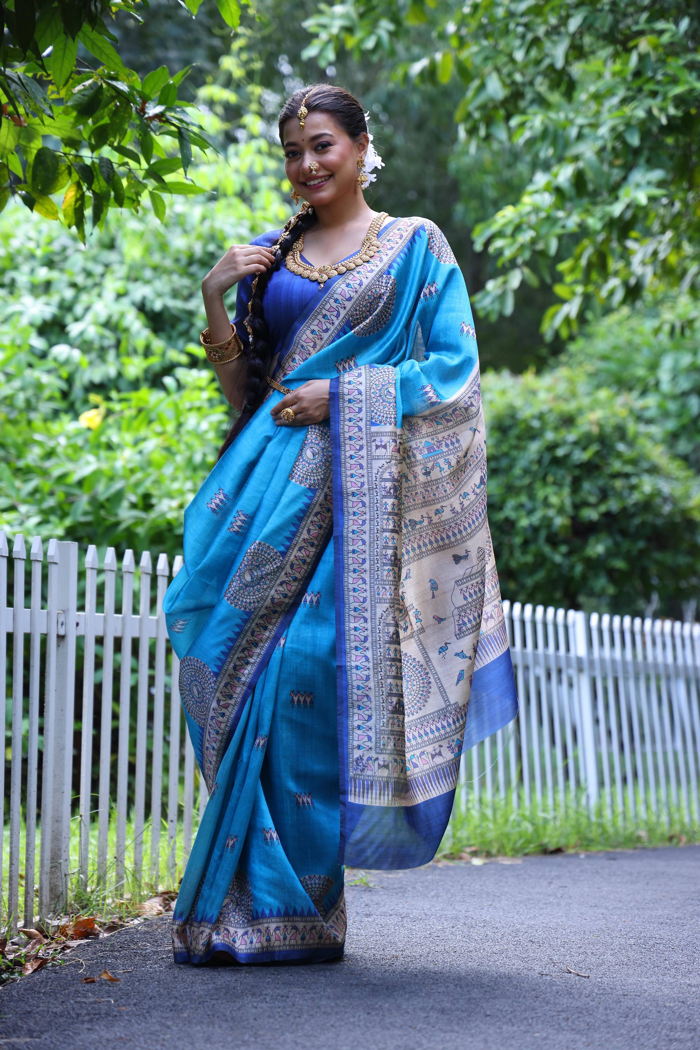 Jyoti Fashion Women's Firozi Soft Tussar Silk Printed Designer Saree with Blouse