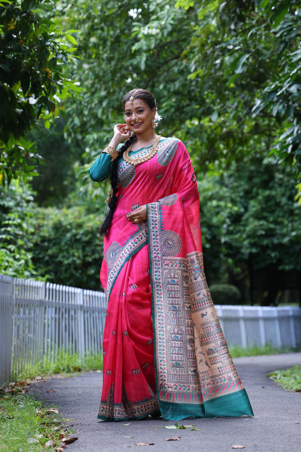 Jyoti Fashion Women's Pink Soft Tussar Silk Printed Designer Saree with Blouse