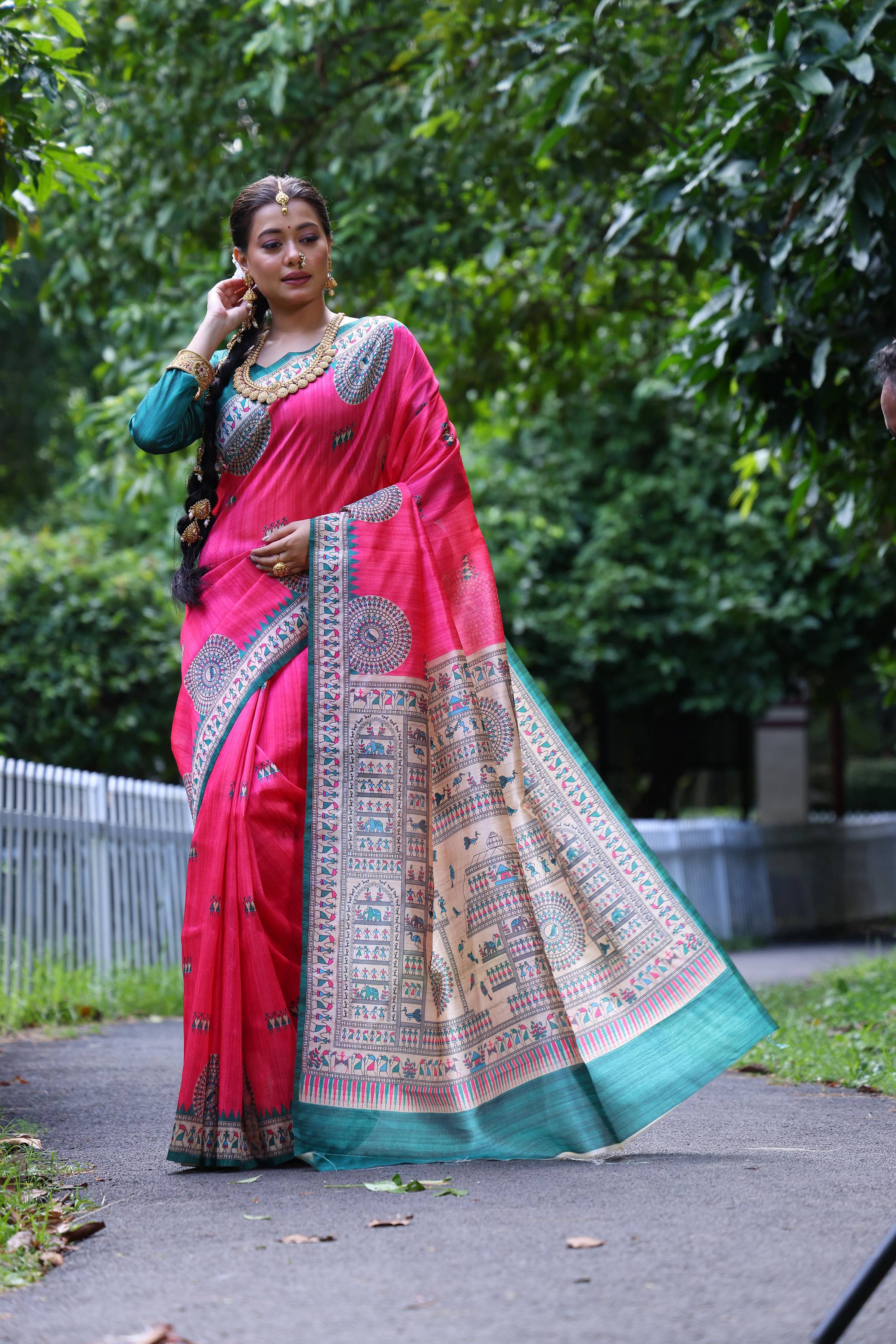 Jyoti Fashion Women's Pink Soft Tussar Silk Printed Designer Saree with Blouse