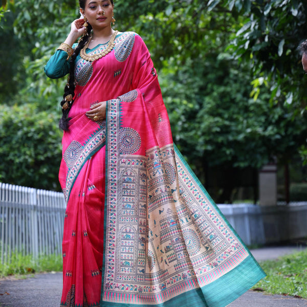 Jyoti Fashion Women's Pink Soft Tussar Silk Printed Designer Saree with Blouse - Distacart