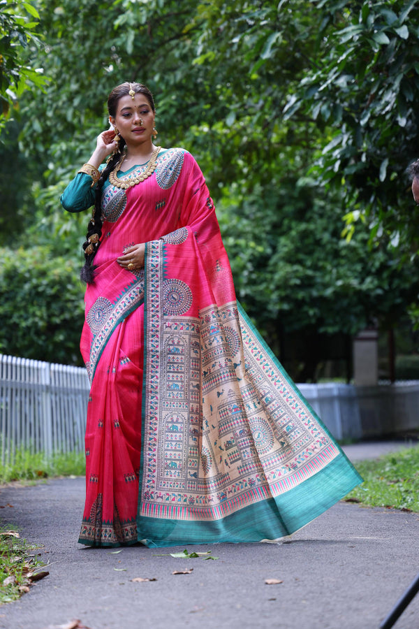 Jyoti Fashion Women's Pink Soft Tussar Silk Printed Designer Saree with Blouse