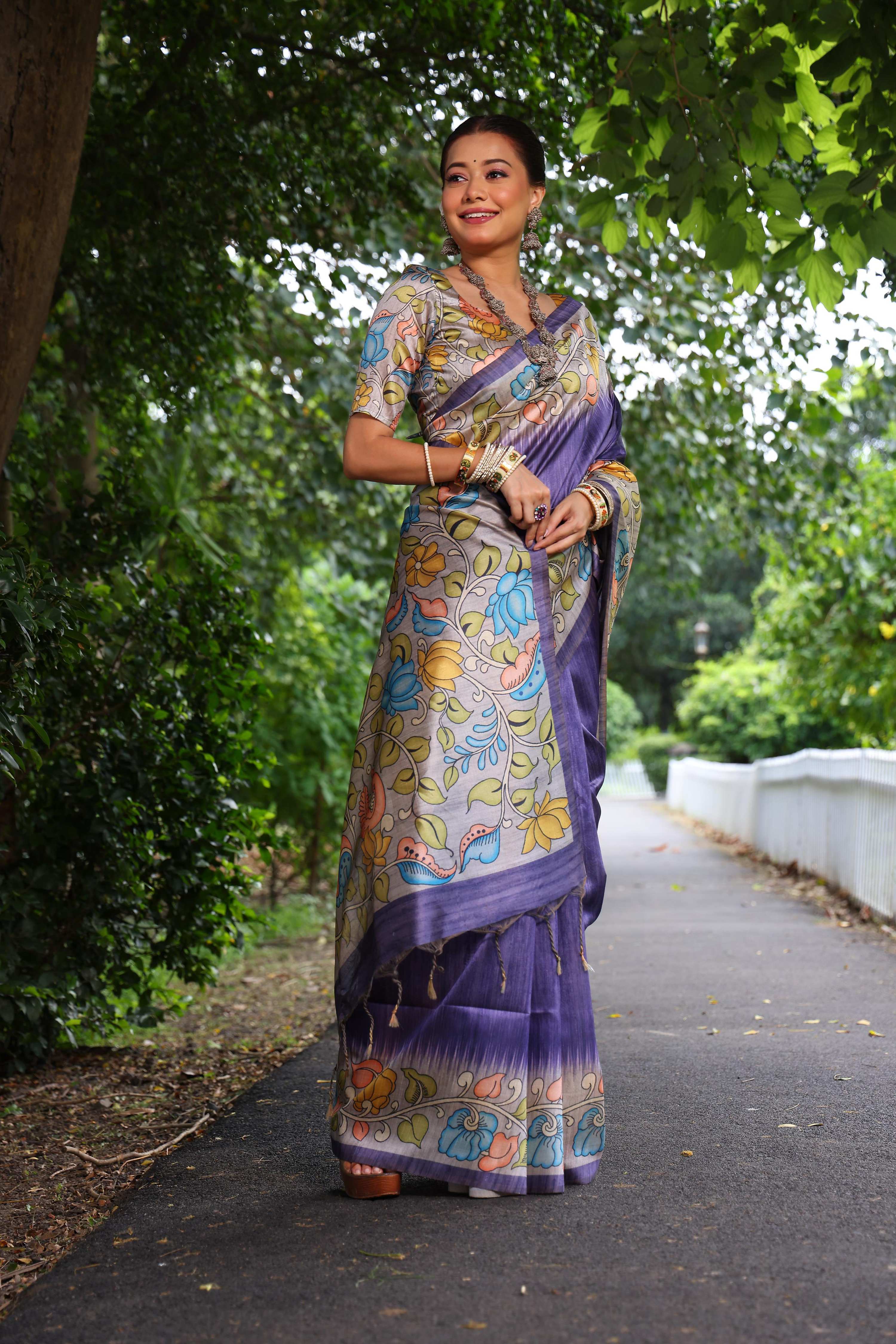 Jyoti Fashion Women's Purple Soft Tussar Silk Kalamkari Printed Designer Saree with Blouse