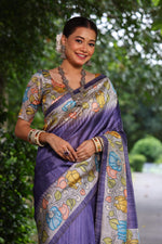 Thumbnail for Jyoti Fashion Women's Purple Soft Tussar Silk Kalamkari Printed Designer Saree with Blouse