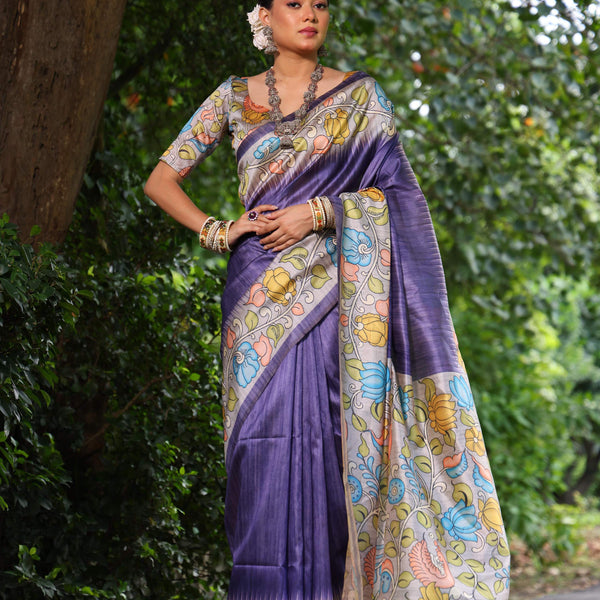 Jyoti Fashion Women's Purple Soft Tussar Silk Kalamkari Printed Designer Saree with Blouse - Distacart