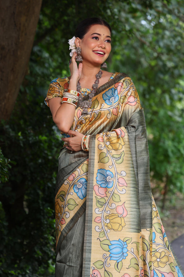 Jyoti Fashion Women's Grey Soft Tussar Silk Kalamkari Printed Designer Saree with Blouse
