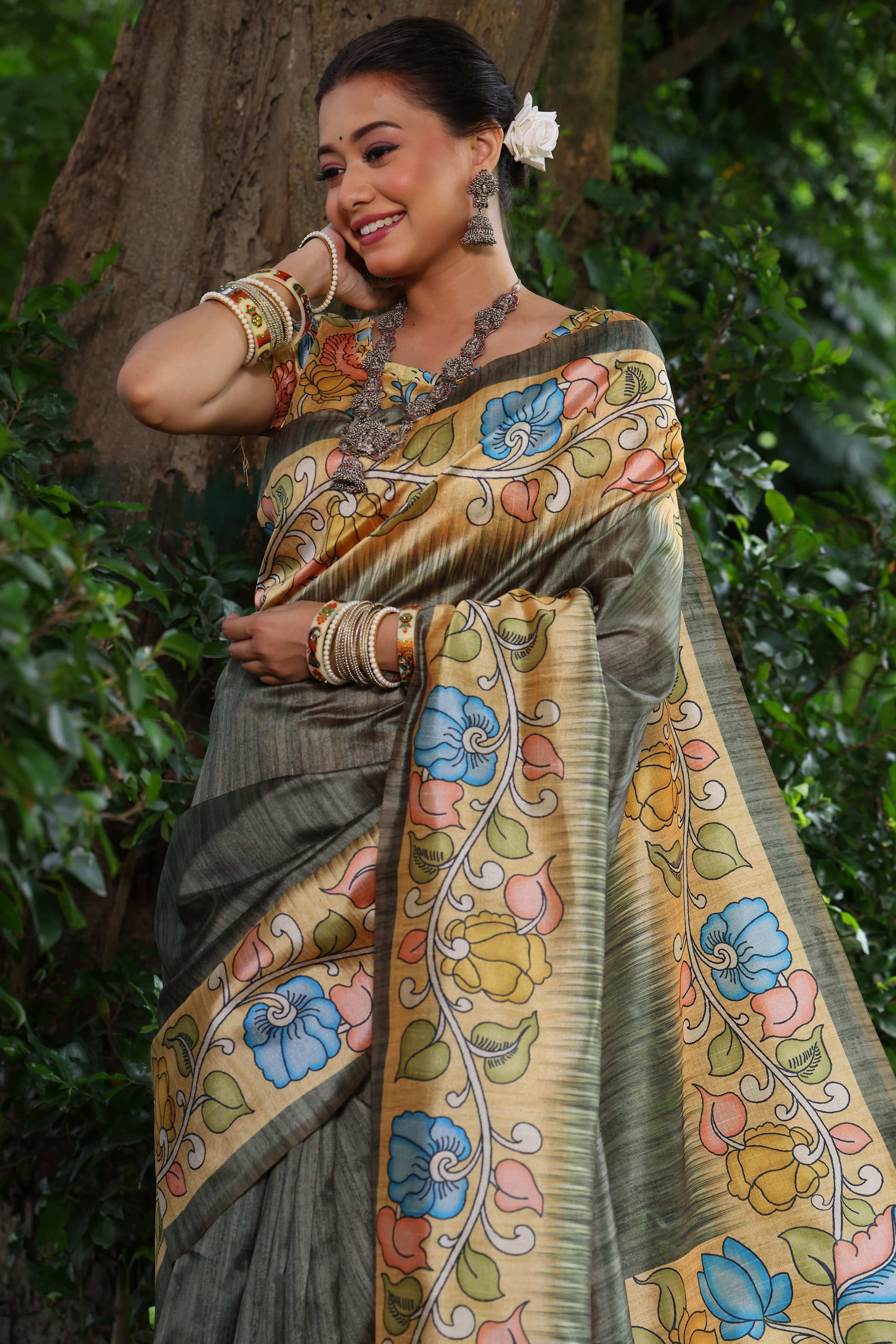 Jyoti Fashion Women's Grey Soft Tussar Silk Kalamkari Printed Designer Saree with Blouse