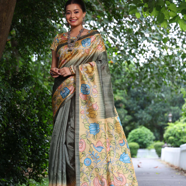 Jyoti Fashion Women's Grey Soft Tussar Silk Kalamkari Printed Designer Saree with Blouse - Distacart