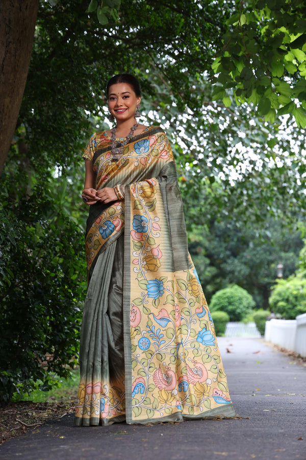 Jyoti Fashion Women's Grey Soft Tussar Silk Kalamkari Printed Designer Saree with Blouse