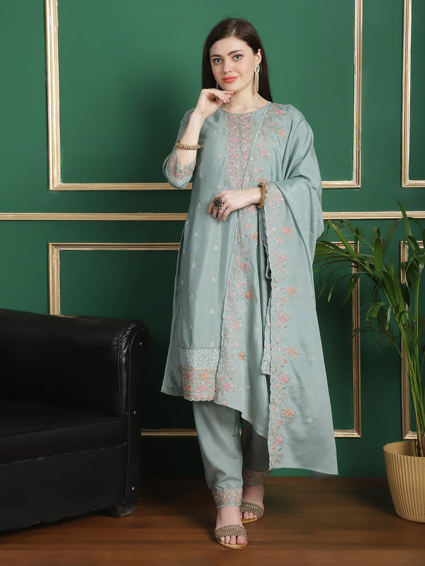 Jyoti Fashion Women's Turquoise Chinon Chiffon Floral Embroidery with Cording & Crystal Work Designer Straight Suit Set - Distacart