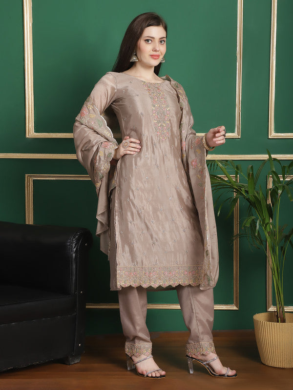 Jyoti Fashion Women's Beige Chinon Chiffon Floral Embroidery with Cording & Crystal Work Designer Straight Suit Set - Distacart