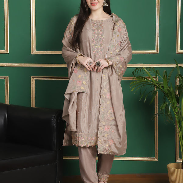 Jyoti Fashion Women's Beige Chinon Chiffon Floral Embroidery with Cording & Crystal Work Designer Straight Suit Set - Distacart