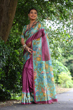 Thumbnail for Jyoti Fashion Women's Wine Soft Tussar Silk Kalamkari Printed Designer Saree with Blouse