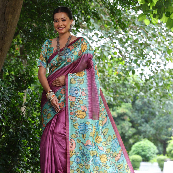Jyoti Fashion Women's Wine Soft Tussar Silk Kalamkari Printed Designer Saree with Blouse - Distacart